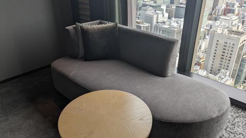 City view from the cozy sofa area