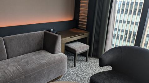 Office desk with a high-rise view