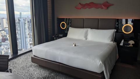 Master bedroom with urban skyline