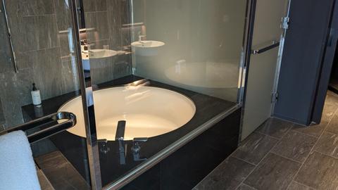 Glass shower and circular tub