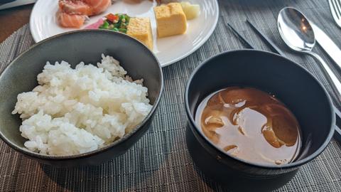 Japanese breakfast set: Salmon, rice, and miso soup