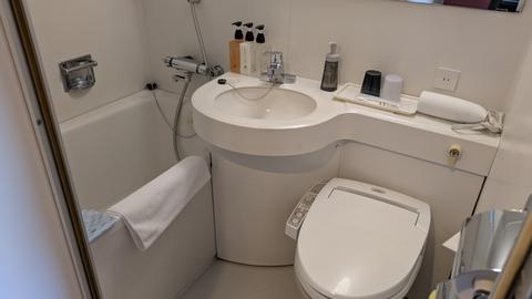 清潔感のあるホテルのバスルーム、トイレ付き。